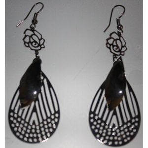 Silver Metal Layered Teardrop & Rose Dangle Earrings Women's Fashion Jewelry